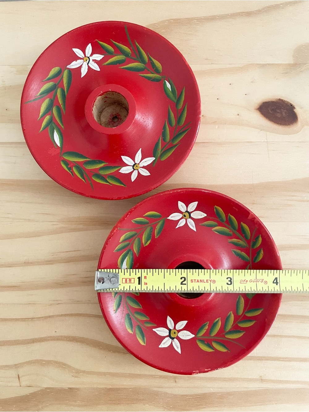 Swedish Red Floral Wooden Hand Painted Candle Holders. Scandinavian folk art. - Picture 8 of 9